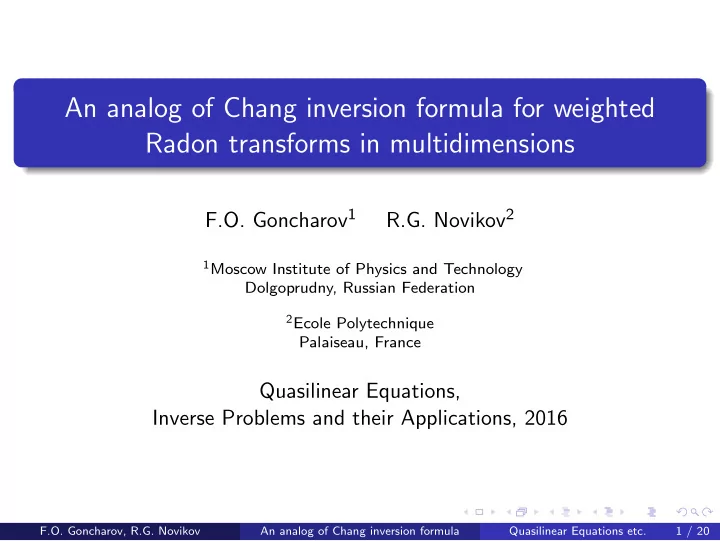 an analog of chang inversion formula for weighted radon