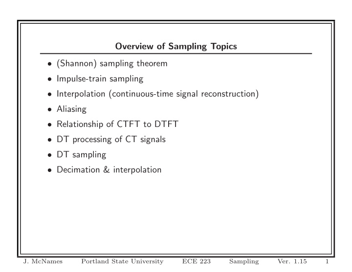 overview of sampling topics shannon sampling theorem