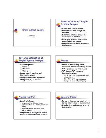 Potential Uses of Single-  System Designs n Assess and monitor change  Single Subject Designs