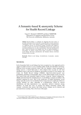 A Semantic - based K - anonymity Scheme for Health Record Linkage Yang LU 1 , Richard O. SINNOTT