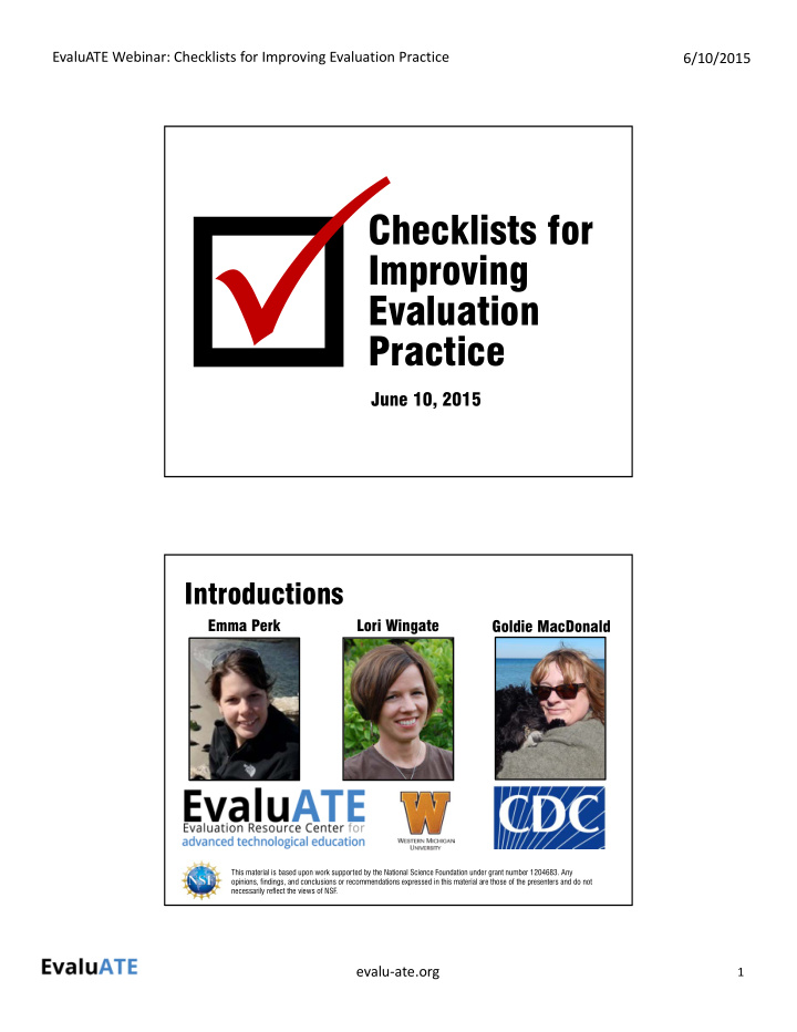 checklists for improving evaluation practice