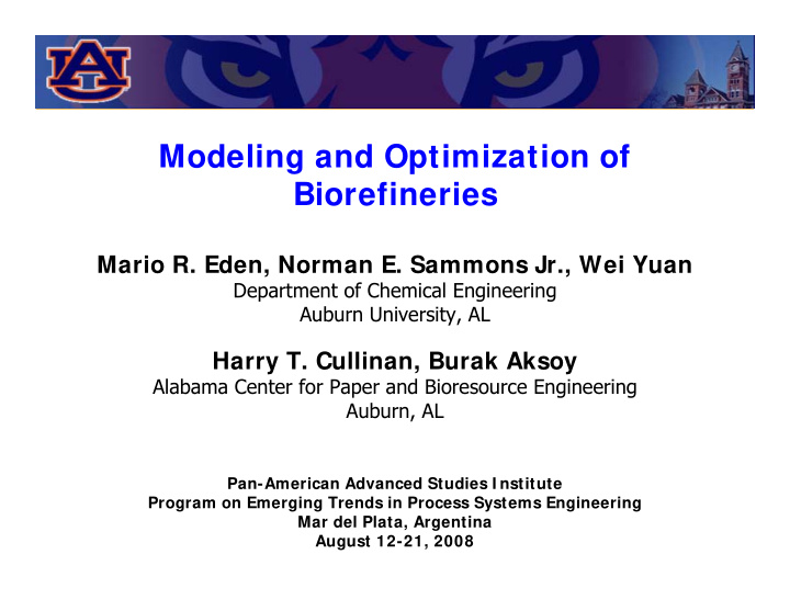 modeling and optimization of biorefineries