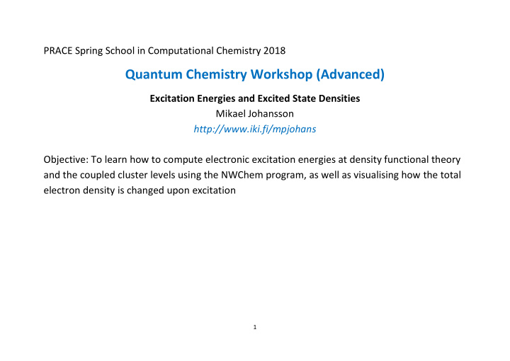 quantum chemistry workshop advanced