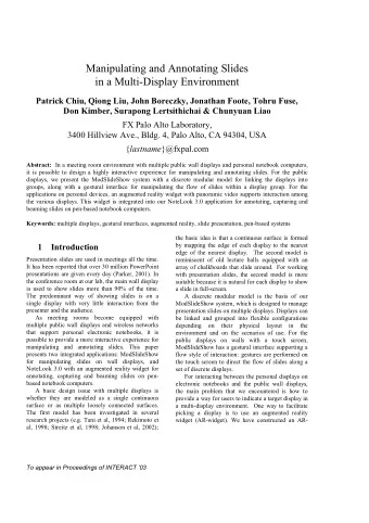 Manipulating and Annotating Slides  in a Multi-Display Environment  Patrick Chiu, Qiong Liu, John