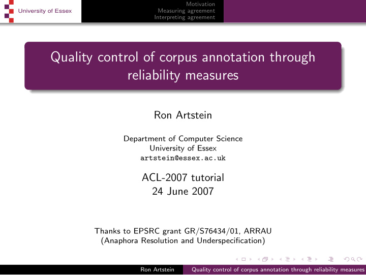 quality control of corpus annotation through reliability