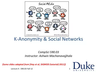 K-Anonymity &amp; Social Networks  CompSci 590.03  Instructor: Ashwin Machanavajjhala  (Some slides