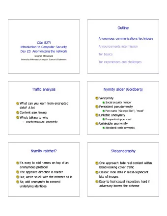 Outline  Anonymous communications techniques  CSci 5271  Announcements intermission  Introduction