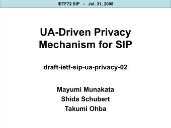 UA-Driven Privacy  Mechanism for SIP  draft-ietf-sip-ua-privacy-02  Mayumi Munakata  Shida Schubert