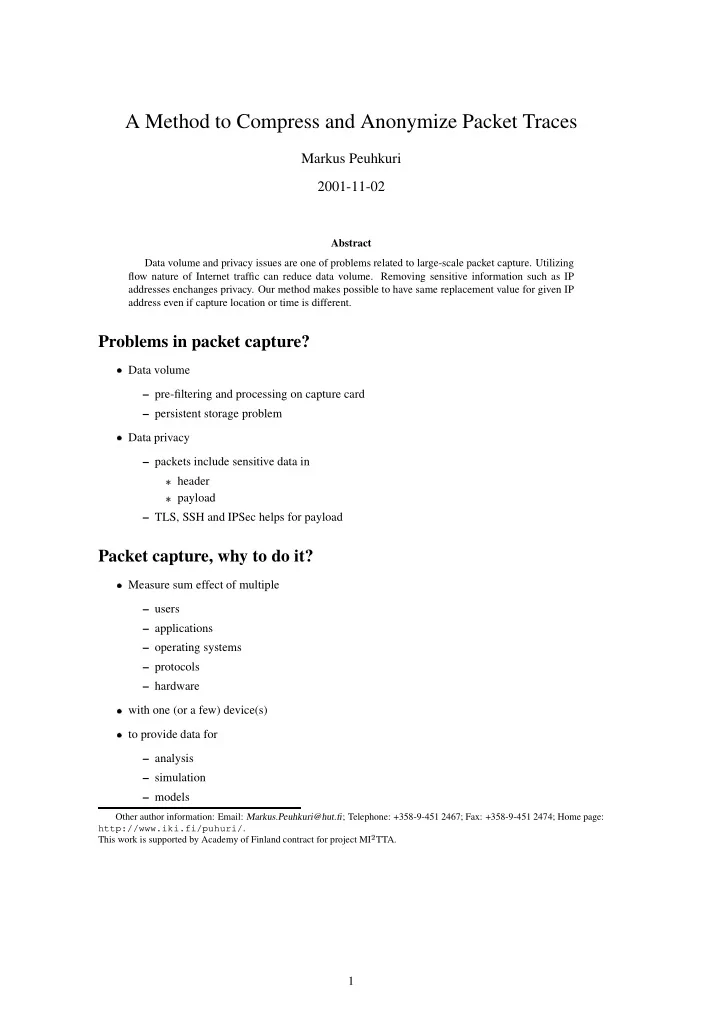 a method to compress and anonymize packet traces