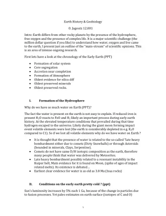 Earth History &amp; Geobiology  O. Jagoutz 12.001  Intro: Earth differs from other rocky planets by