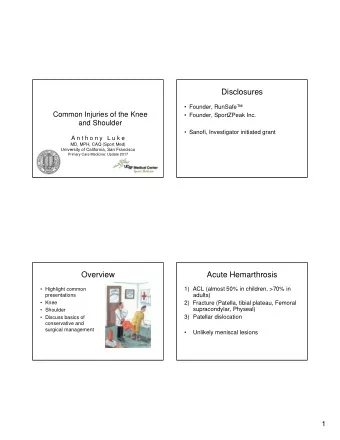 Disclosures   Founder, RunSafe  Common Injuries of the Knee   Founder, SportZPeak Inc.