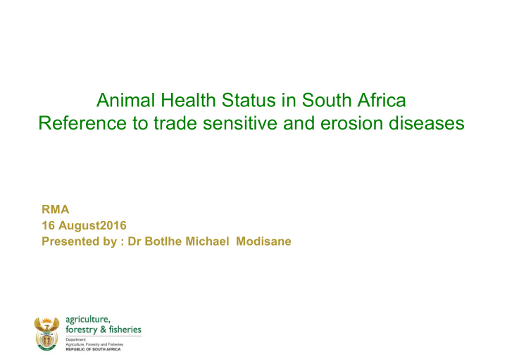 animal health status in south africa reference to trade