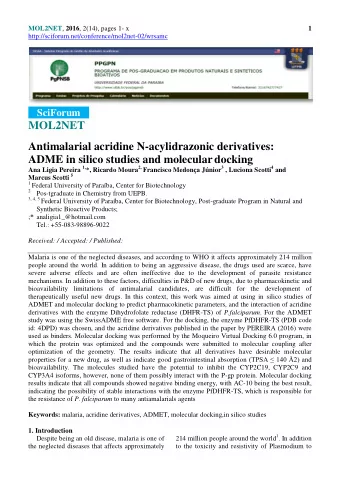 MOL2NET  Antimalarial acridine N-acylidrazonic derivatives: ADME in silico studies and molecular