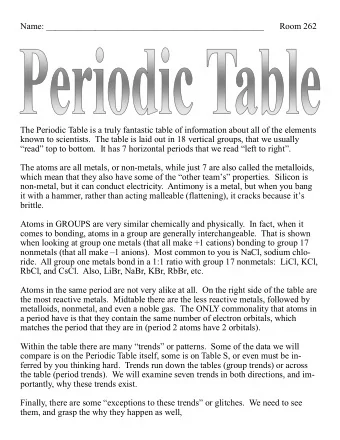 Name: _________________________________________________       Room 262  The Periodic Table is a