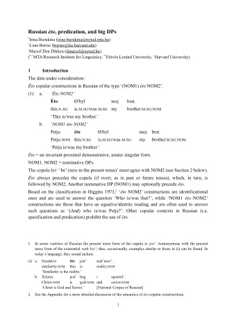 Russian to , predication, and big DPs * Irina Burukina (irine.burukina@nytud.mta.hu) + Lena