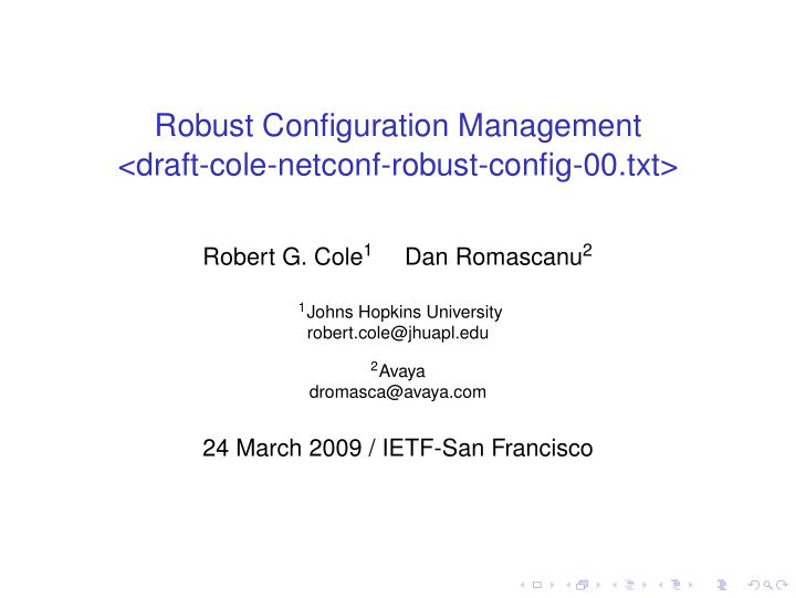 robust configuration management draft cole netconf robust