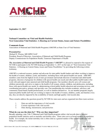 September 11, 2017  National Committee on Vital and Health Statistics  Next Generation Vital