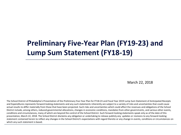 preliminary five year plan fy19 23 and lump sum statement