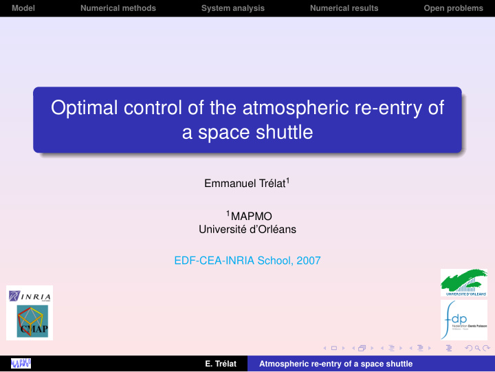 optimal control of the atmospheric re entry of a space