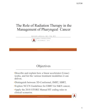 The Role of Radiation Therapy in the  Management of Pharyngeal  Cancer  WILSON APOLLO, MS, CTR, RTT