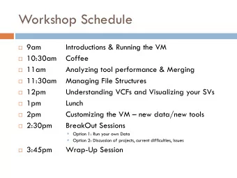 Workshop Schedule  9am  Introductions &amp; Running the VM  10:30am  Coffee  11am