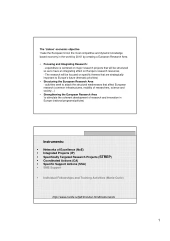Instruments:  Networks of Excellence (NoE)    Integrated Projects (IP)   Specifically