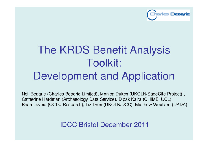the krds benefit analysis toolkit development and