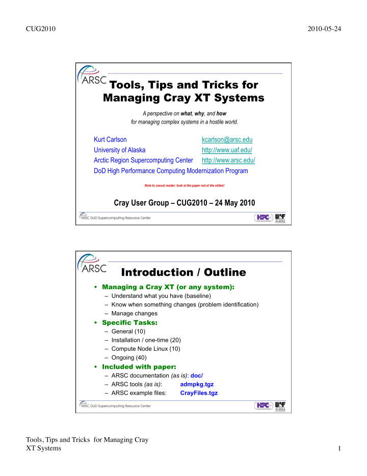 tools tips and tricks for managing cray xt systems