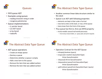 Queues  The Abstract Data Type Queue  FIFO queue ADT  Another common linear data structure