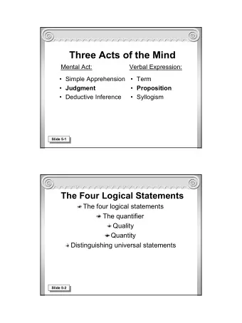 Three Acts of the Mind  Mental Act:  Verbal Expression:   Simple Apprehension   Term