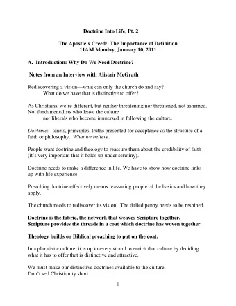 Doctrine Into Life, Pt. 2 The Apostles Creed:  The Importance of Definition  11AM Monday,