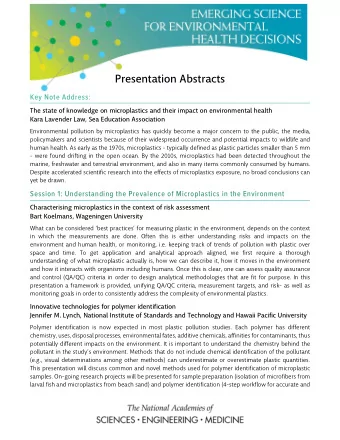 Presentation Abstracts  Key Note Address:  The state of knowledge on microplastics and their impact