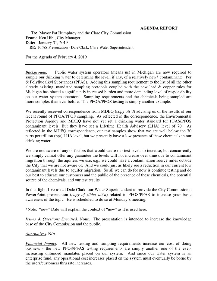 agenda report to mayor pat humphrey and the clare city