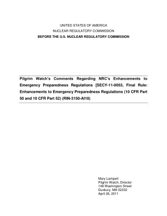 Pilgrim Watchs Comments Regarding NRCs Enhancements to  Emergency Preparedness Regulations