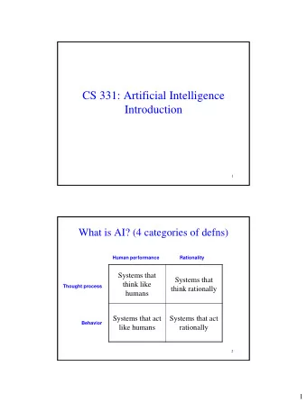 CS 331: Artificial Intelligence  Introduction  1  What is AI? (4 categories of defns)  Human