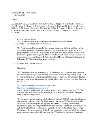 Minutes of CAS Faculty Senate  17 February 2020  Present:  J. Alcantara-Garcia, J. Angelini,E.