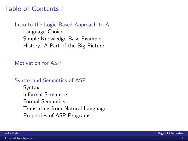 table of contents i