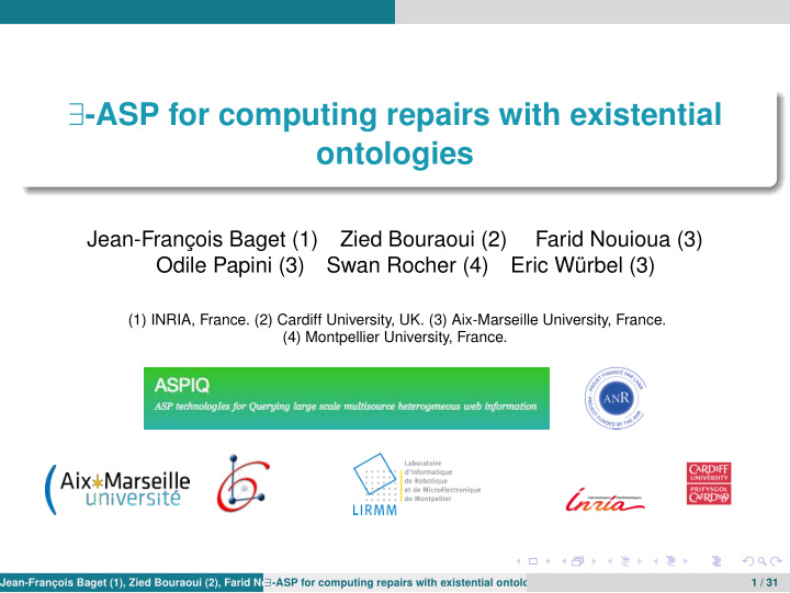 asp for computing repairs with existential ontologies