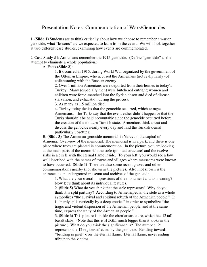 presentation notes commemoration of wars genocides