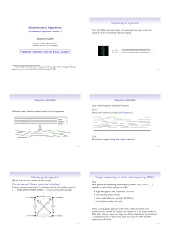 Sequencing of a genome  Bioinformatics Algorithms  From the DNA molecules (input of experiment) we