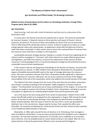 The Mystery of Vladimir Putins Dissertation  Igor Danchenko and Clifford Gaddy, The