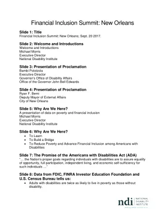 Financial Inclusion Summit: New Orleans  Slide 1: Title  Financial Inclusion Summit: New Orleans;