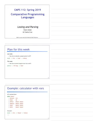 CMPS 112: Spring 2019     Comparative Programming Languages   Lexing and Parsing  Owen