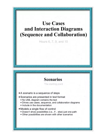 Use Cases  and Interaction Diagrams  (Sequence and Collaboration)  Hours 6, 7, 9, and 10  Scenarios
