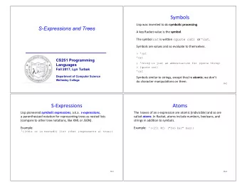 Symbols Lisp was invented to do symbolic processing .  S-Expressions and Trees A key Racket value
