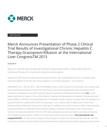 Merck Announces Presentation of Phase 2 Clinical  Trial Results of Investigational Chronic