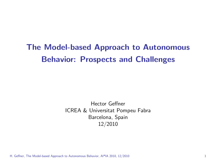 the model based approach to autonomous behavior prospects