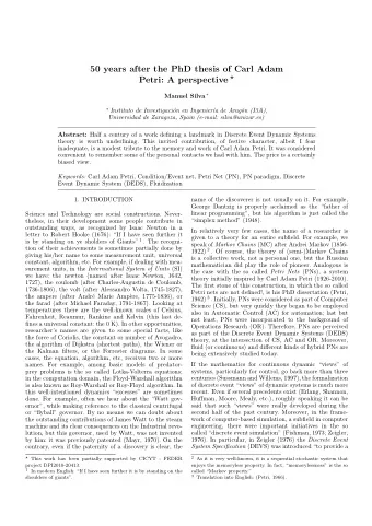 50 years after the PhD thesis of Carl Adam Petri: A perspective  Manuel Silva   Instituto