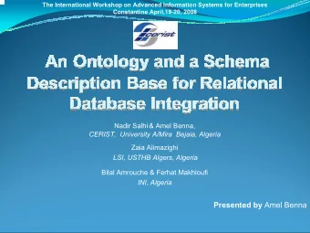 Presented by Amel Benna  Agenda  Background  1.  Data Integration issues  2.  Our Approach for Data