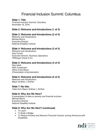 Financial Inclusion Summit: Columbus  Slide 1: Title  Financial Inclusion Summit: Columbus